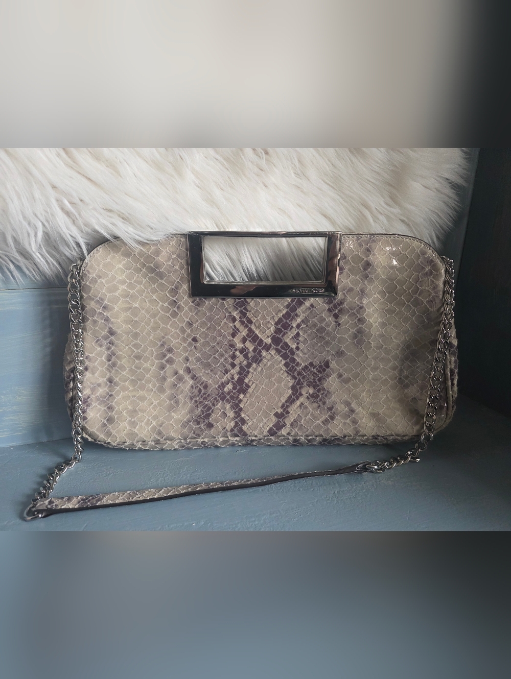 Michael Kors Taupe Snake-Embossed Clutch with Shoulder Chain Strap